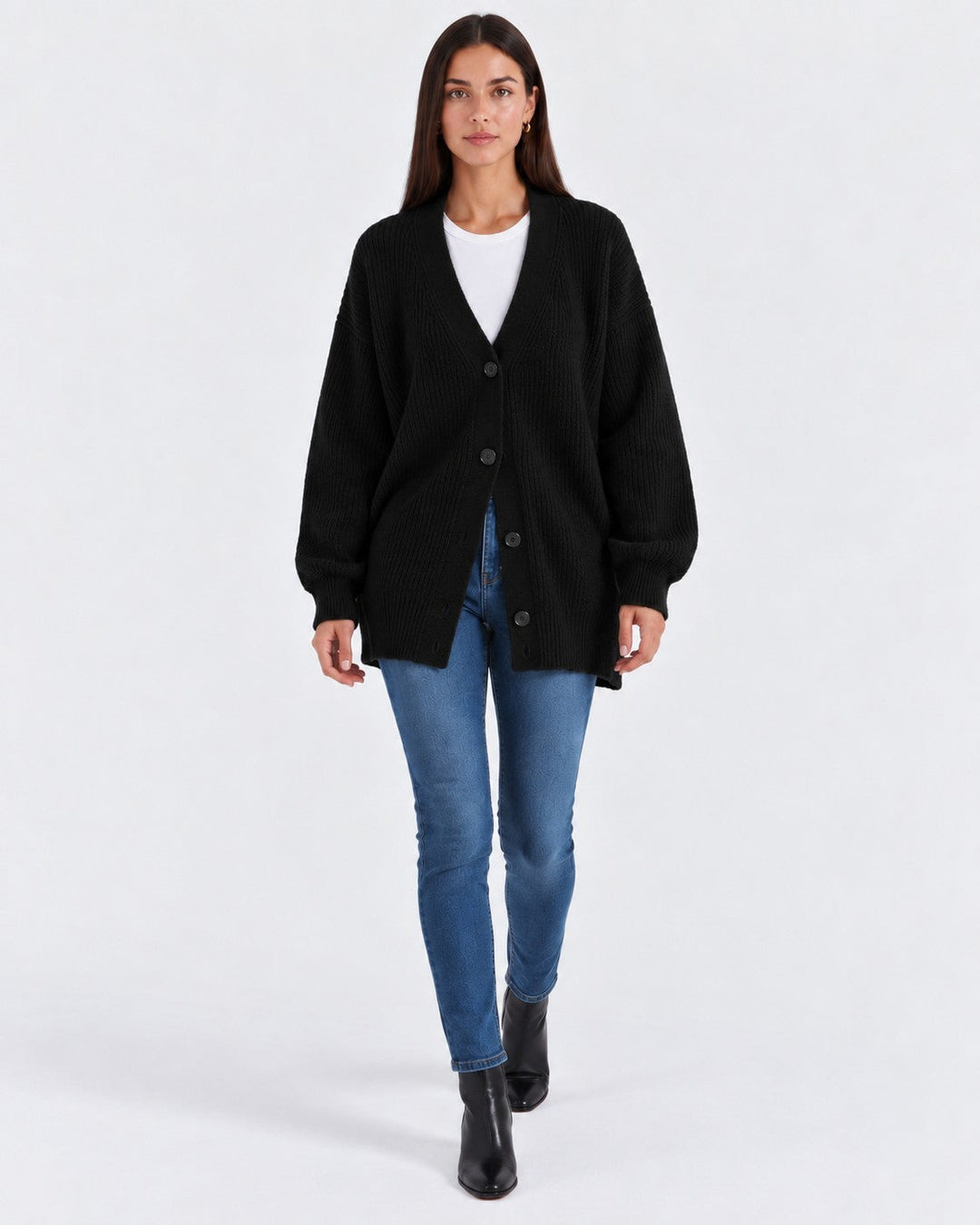 Luna Moda black cashmere V-neck cardigan worn by a woman with blue jeans and black boots
