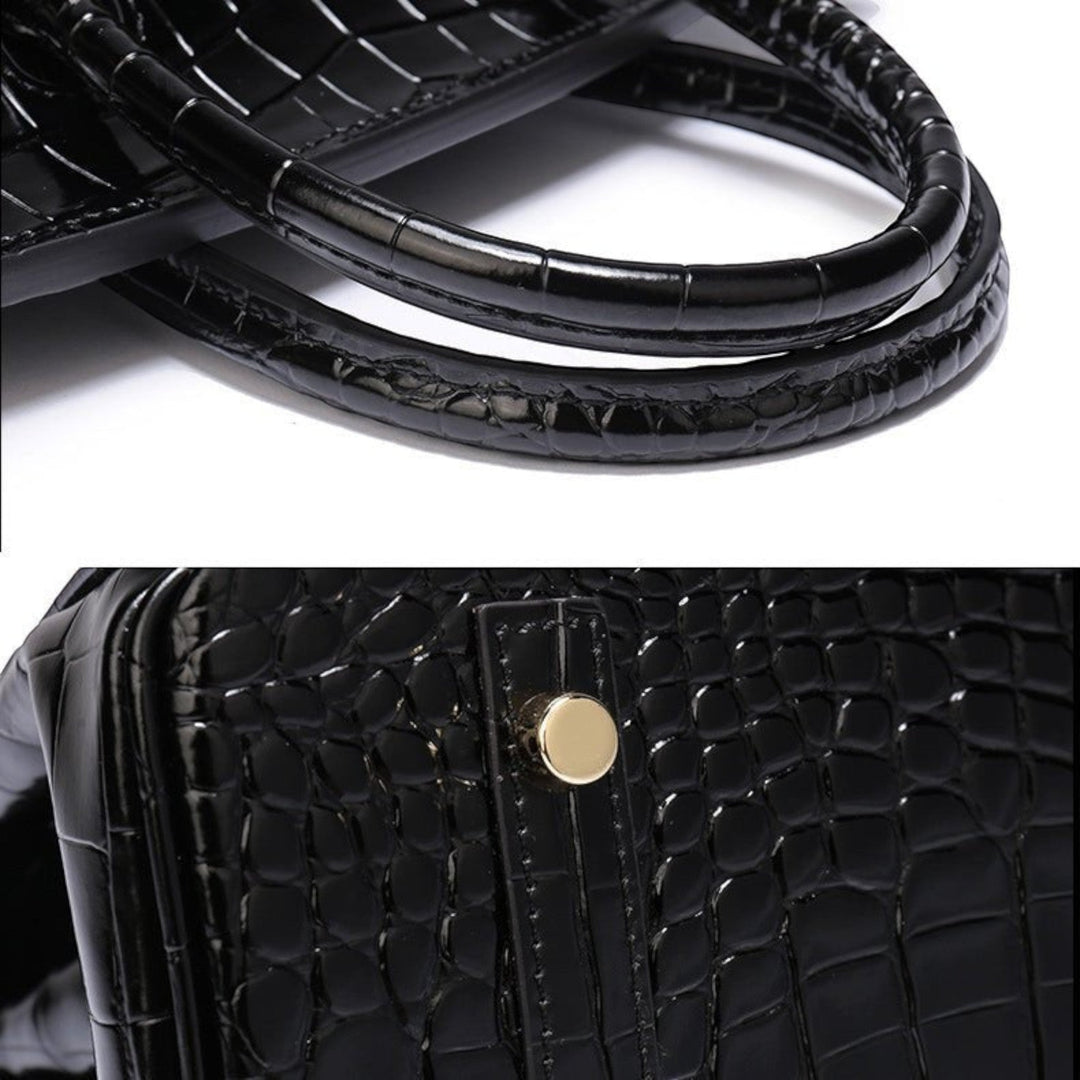 Luna Moda Ludovica black crocodile embossed leather tote bag with glossy finish and gold hardware detail