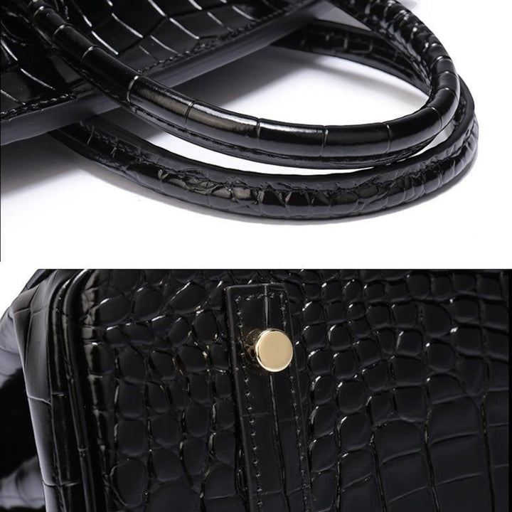 Luna Moda Ludovica black crocodile embossed leather tote bag with glossy finish and gold hardware detail