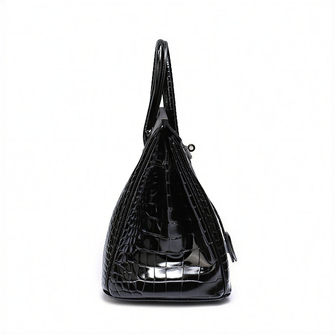 Luna Moda Ludovica black crocodile-embossed leather structured tote bag with glossy finish and gold hardware side view