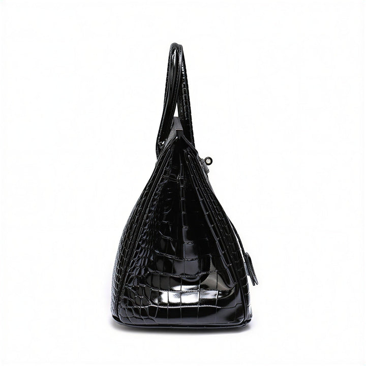 Luna Moda Ludovica black crocodile-embossed leather structured tote bag with glossy finish and gold hardware side view