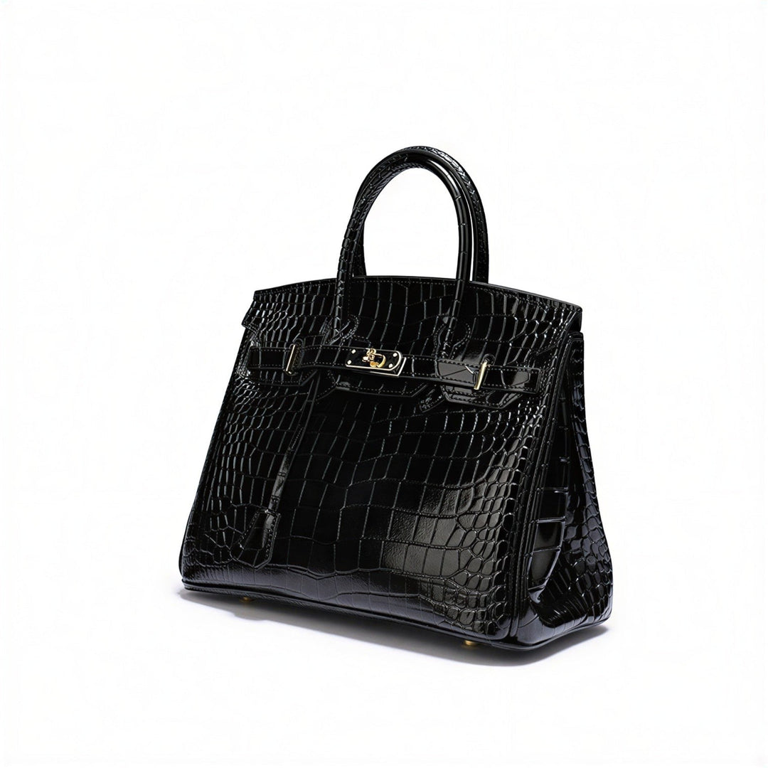 Luna Moda Ludovica black crocodile-embossed leather structured tote bag with gold buckle hardware