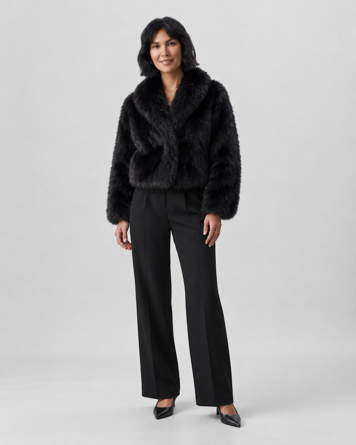 Luna Moda Margherita black faux fur cropped coat with wide collar worn by a model with black trousers and heels