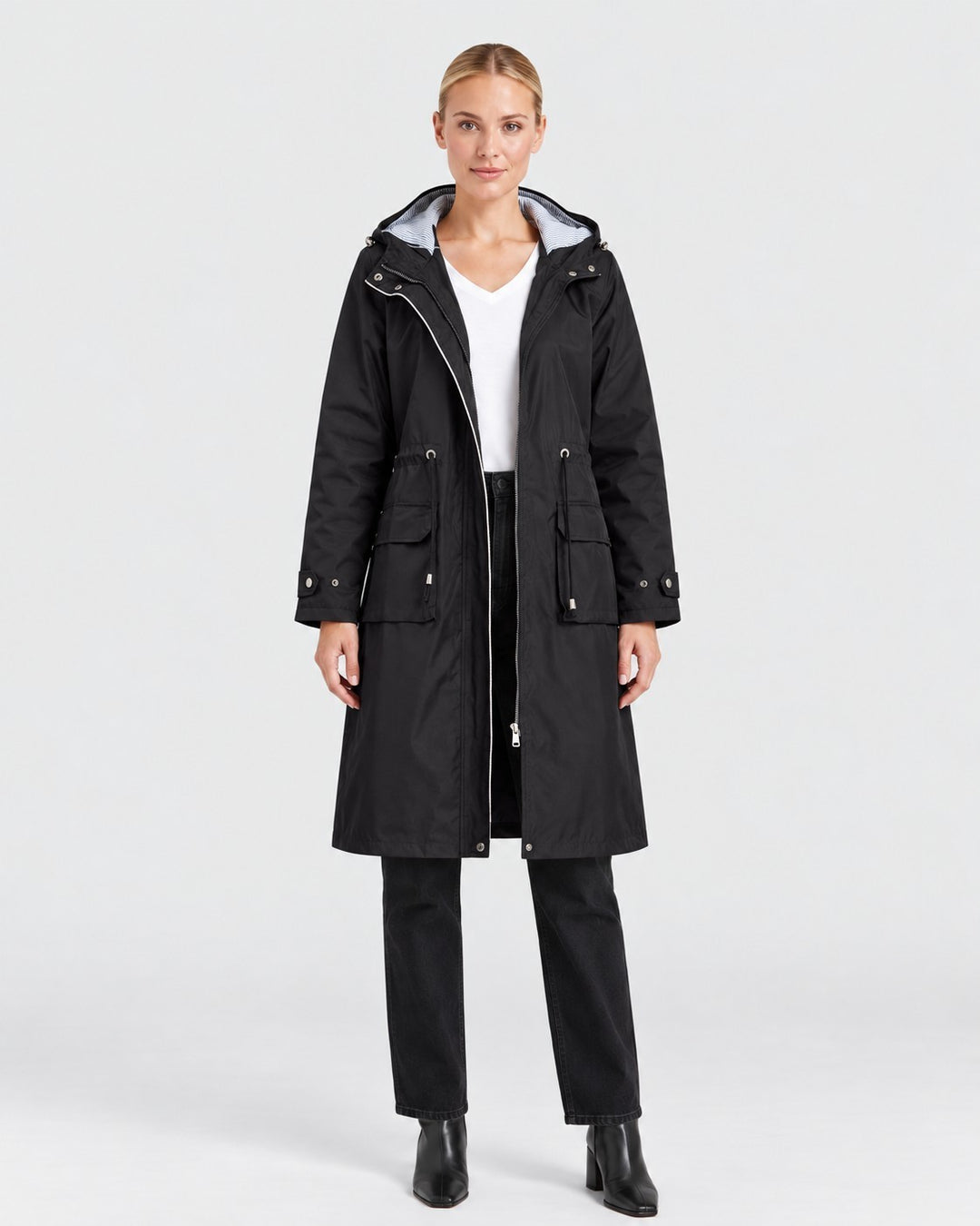 Luna Moda black lightweight hooded trench coat with adjustable waist and elastic cuffs worn by a woman