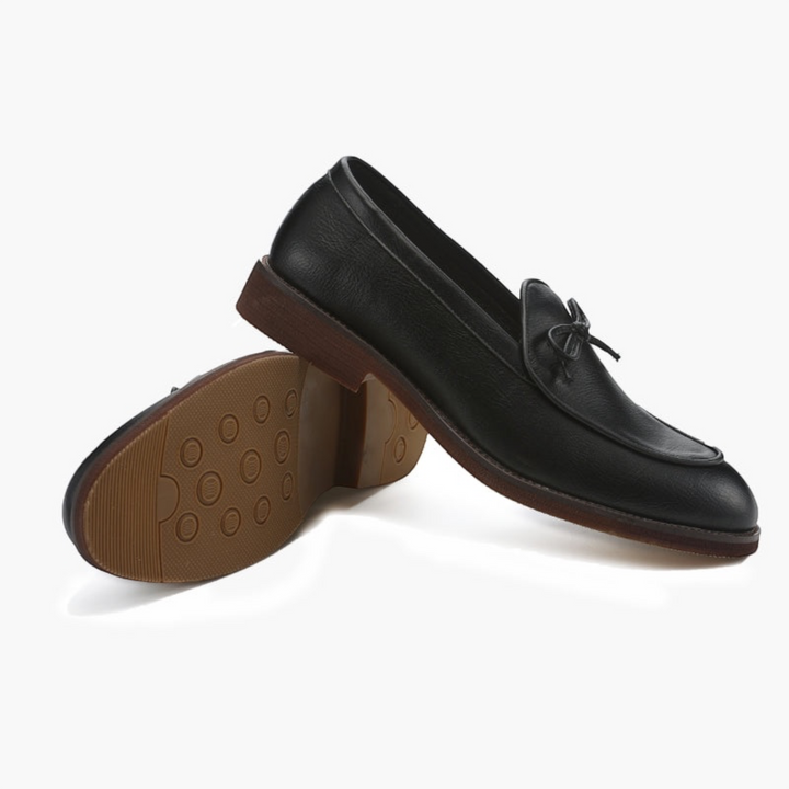 Luna Moda Francesco black full-grain leather loafers with lace details and a durable rubber-treaded sole