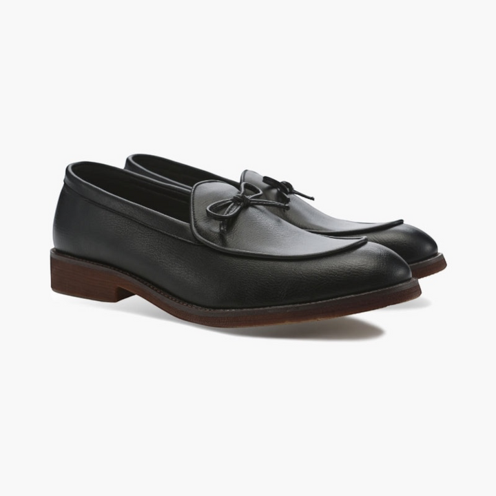 Luna Moda Francesco black full-grain leather loafers with lace detailing and hand-stitched finishings.