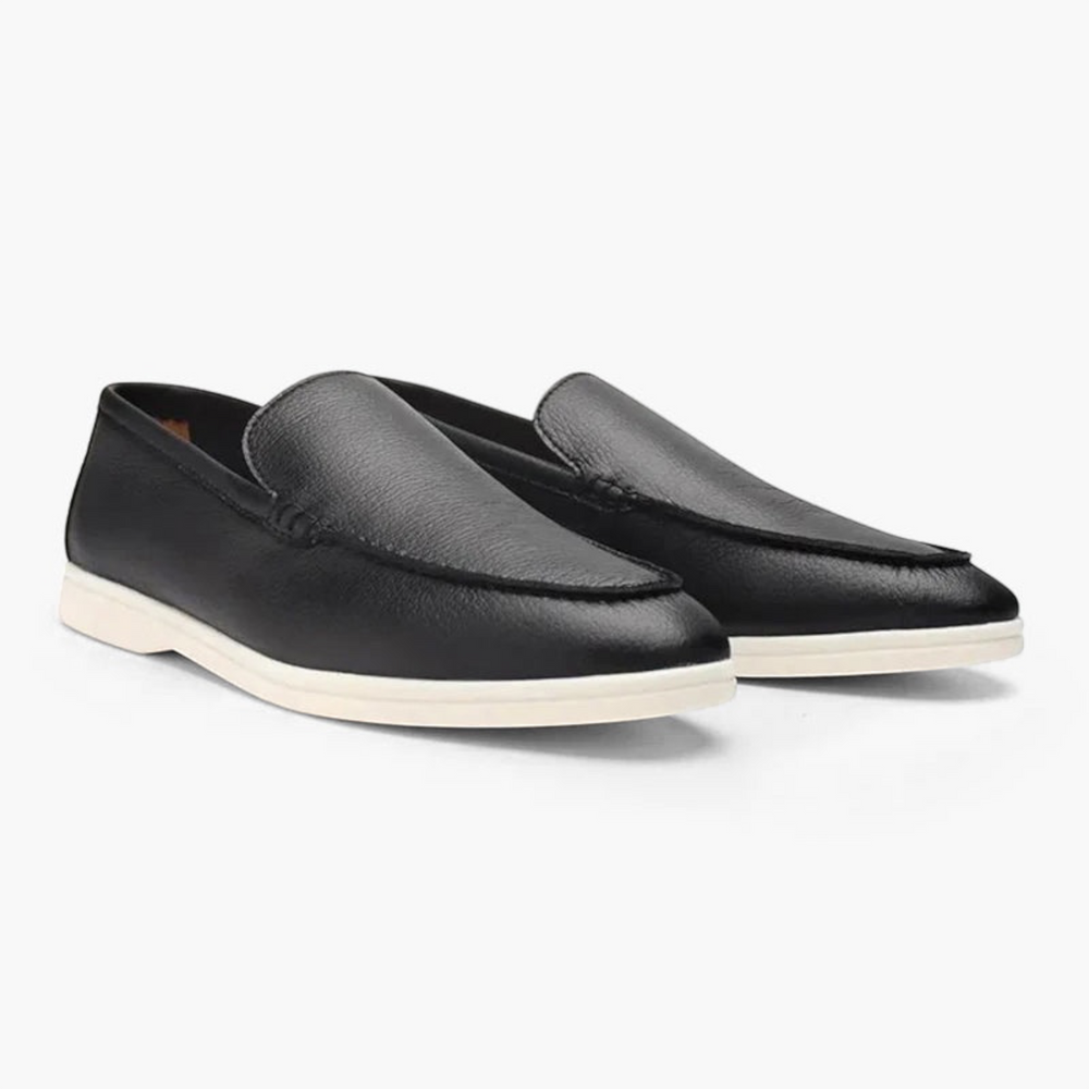 Luna Moda black leather loafers with stitched upper and comfortable leather insole on a white rubber sole