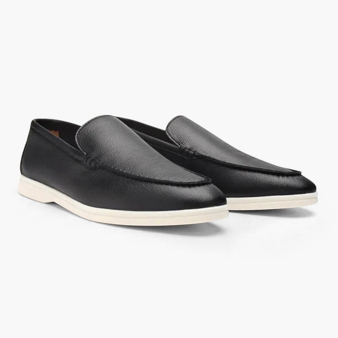 Luna Moda black leather loafers with stitched upper and comfortable leather insole on a white rubber sole