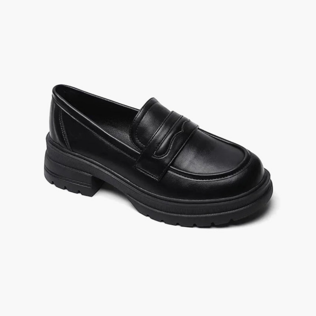 Luna Moda black leather loafers with a chunky lug sole, featuring a classic penny strap design for timeless style.