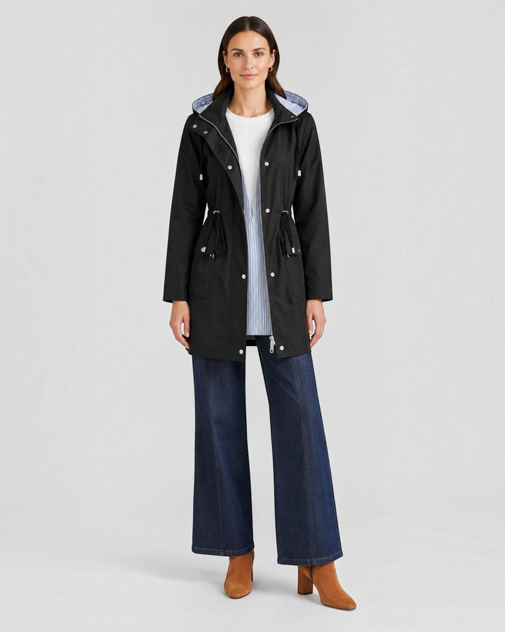 Luna Moda black lightweight hooded jacket with adjustable waist and striped lining worn by a model