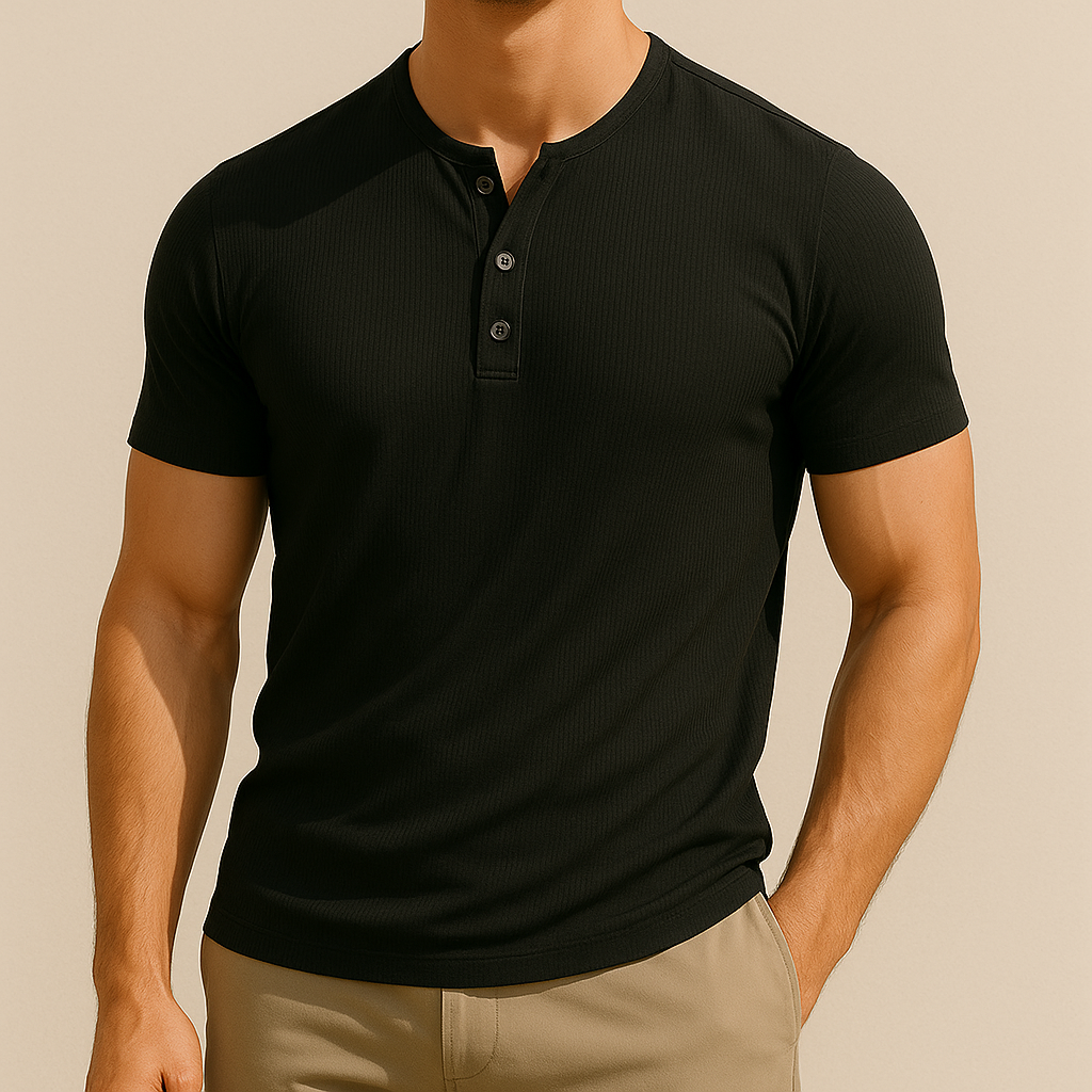 Luna Moda black short-sleeve henley shirt with a soft ribbed texture and button-up placket on a male model