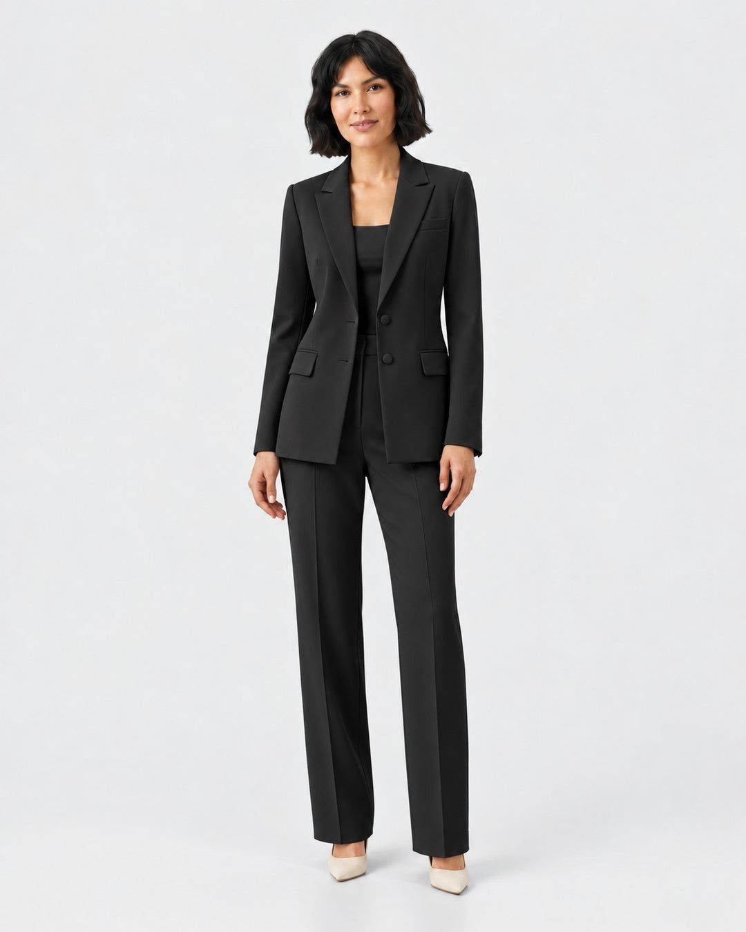 Luna Moda Olivia black structured blazer and tailored trouser suit worn by a model on a white background.