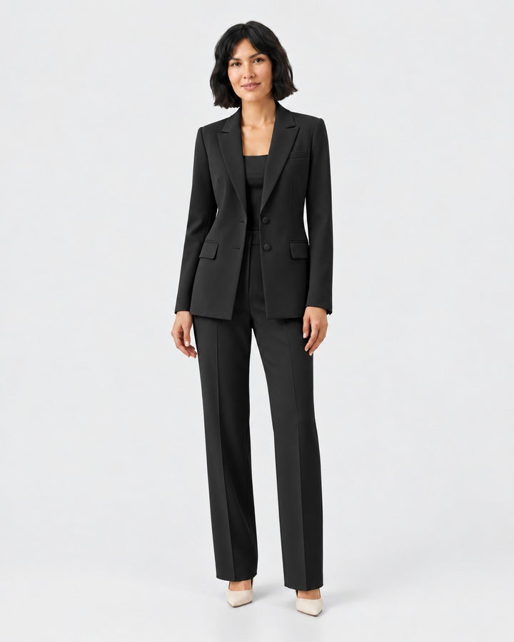 Luna Moda Olivia black structured blazer and tailored trouser suit worn by a model on a white background.