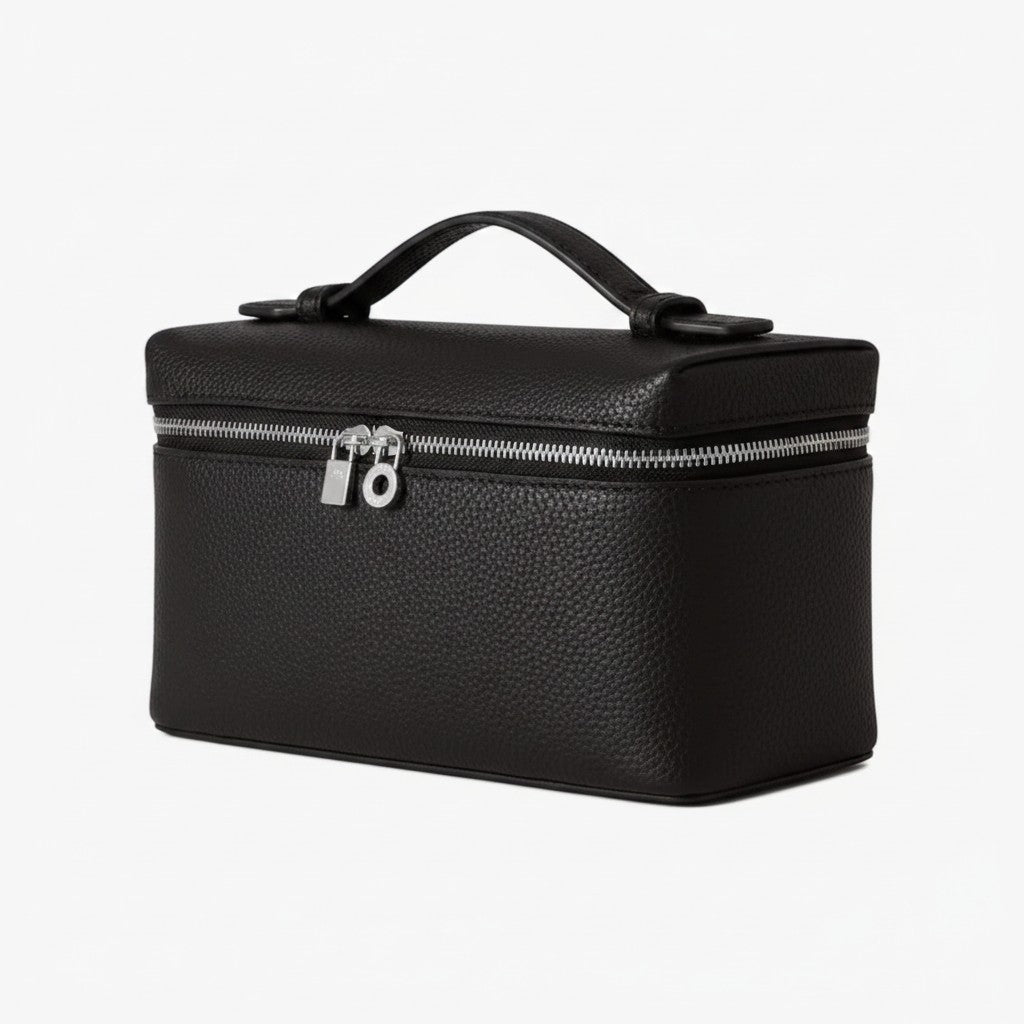 Luna Moda black structured vanity bag with silver zip closure and top handle, elegant minimalist design