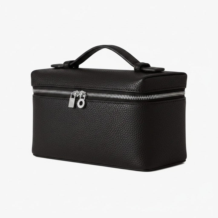 Luna Moda black structured vanity bag with silver zip closure and top handle, elegant minimalist design
