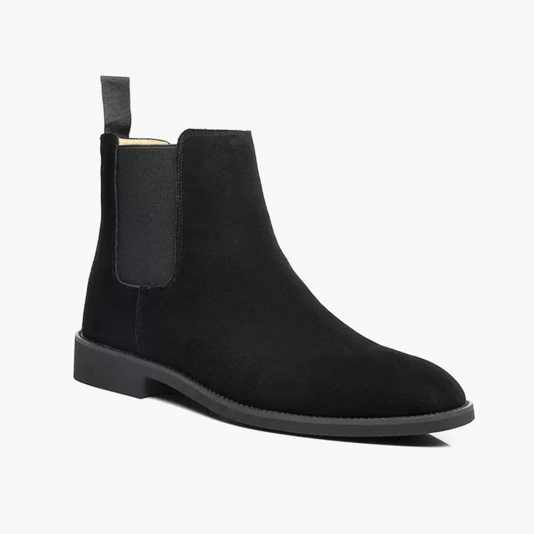 Luna Moda black suede Chelsea boot with elastic side panels and a durable leather sole for a sleek, versatile look.