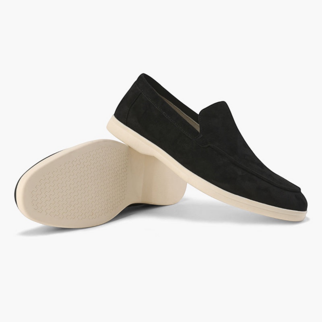 Luna Moda Romeo black suede loafers with supportive white rubber soles and detailed stitching