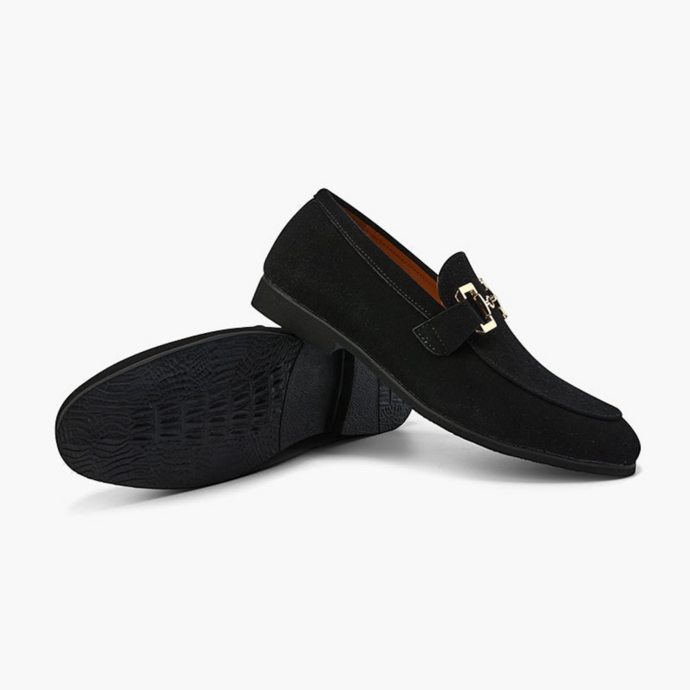 Luna Moda black suede calfskin loafers with gold metal hardware and leather insole on a white background