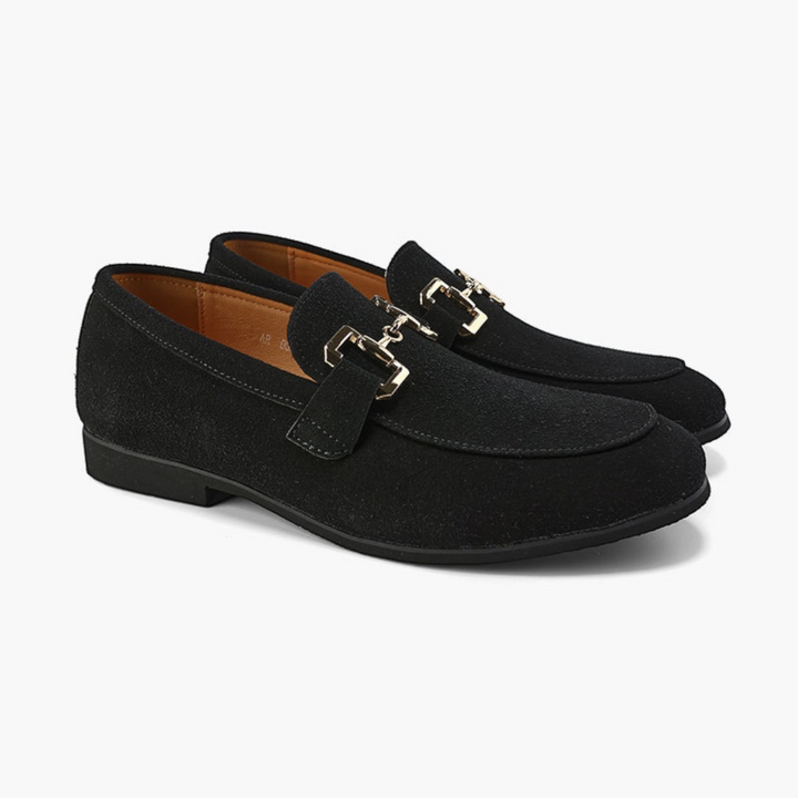 Luna Moda MILO black suede calfskin loafers with gold-tone metal hardware detail and leather insole