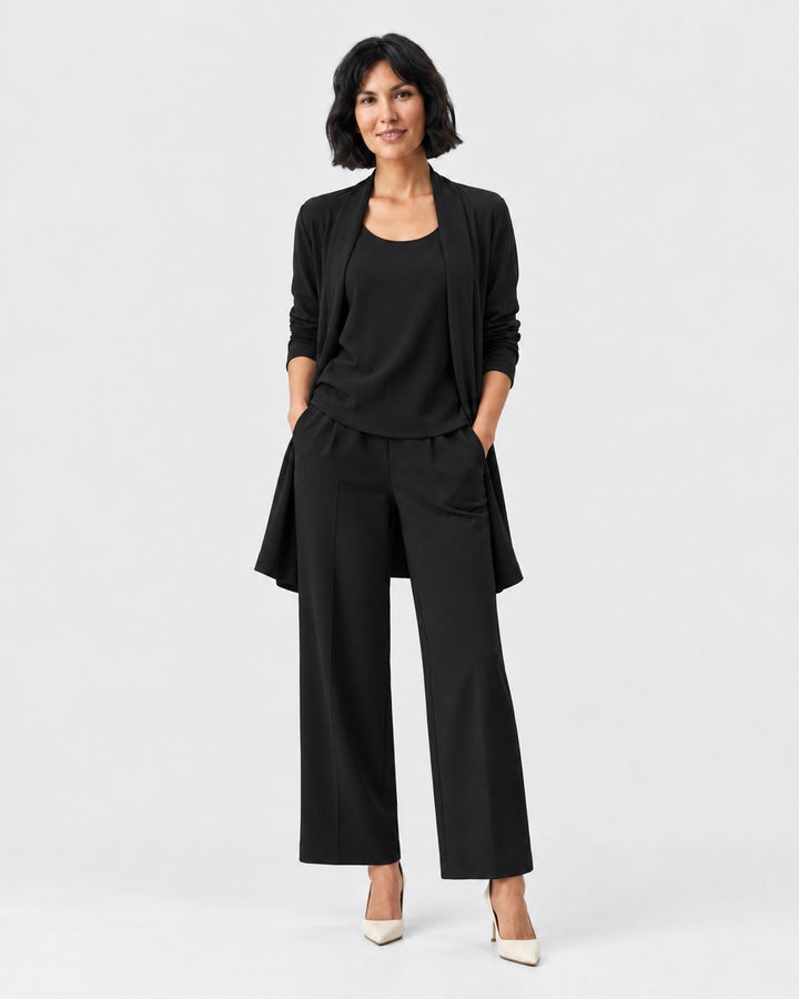 Luna Moda black three-piece set featuring a sleeveless top, open cardigan, and wide-leg trousers on a female model.