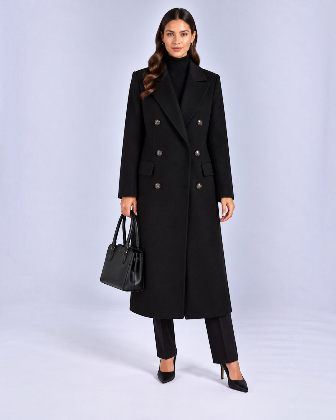 Luna Moda black double-breasted wool trench coat worn by a model with a matching handbag and heels