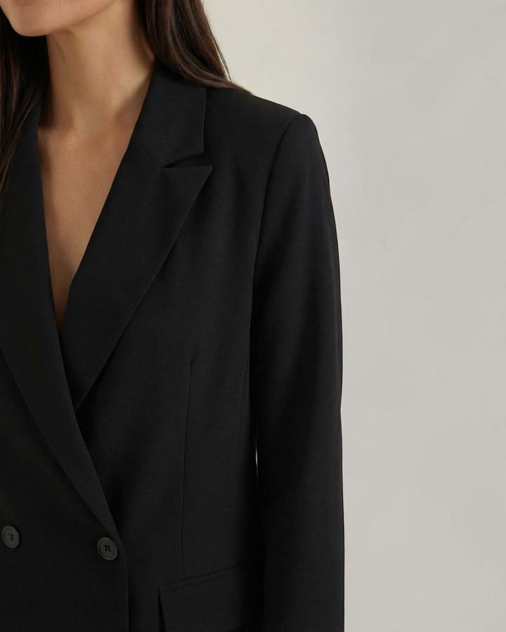 Luna Moda Felicia black long blazer with padded shoulders and tailored waist in premium stretch fabric