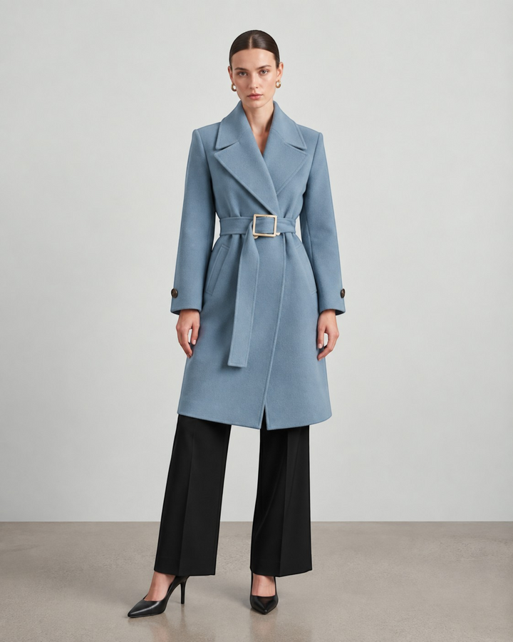 Luna Moda blue long coat with a belted waist and wide lapels worn by a model with black trousers and heels.