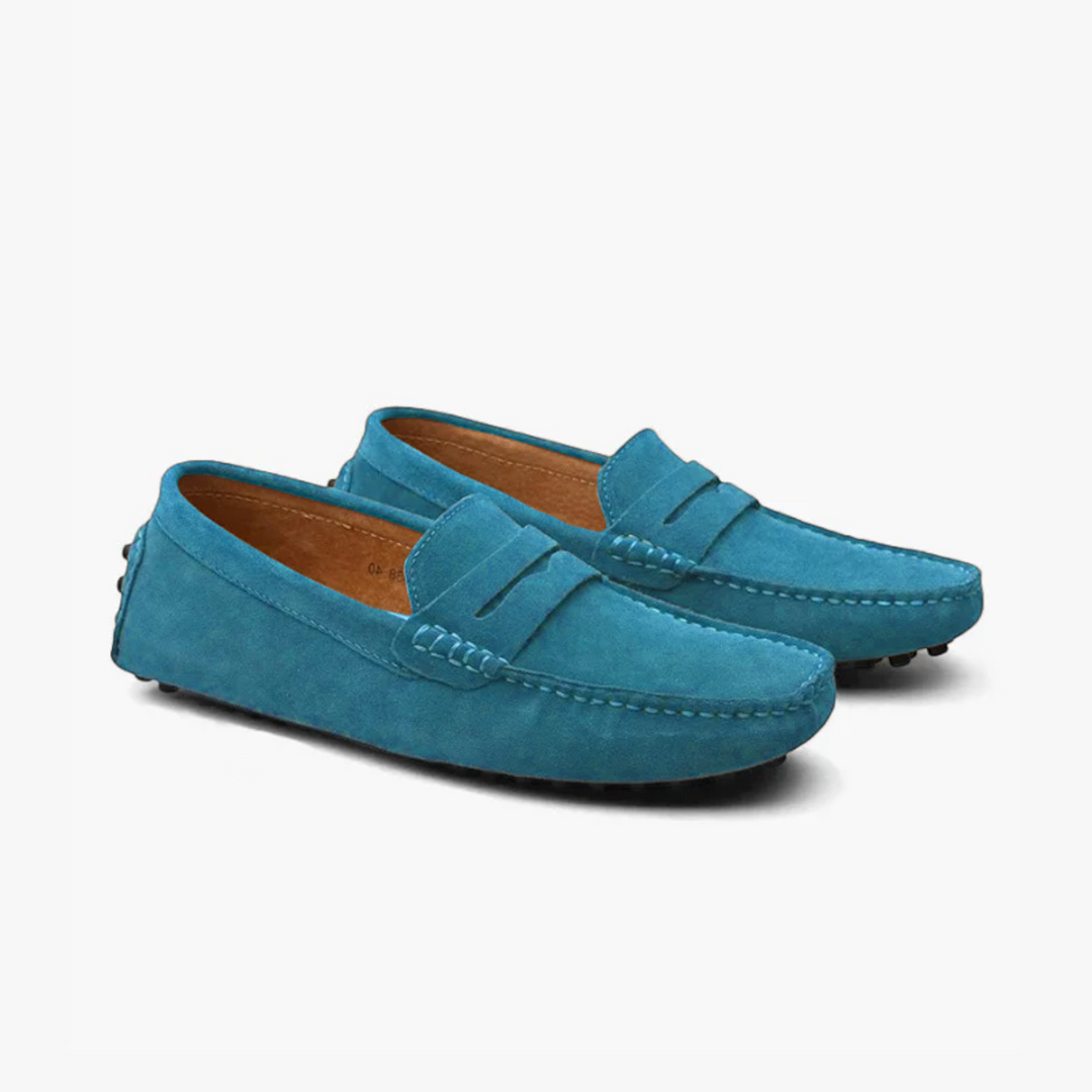 Luna Moda LEONE blue suede calfskin loafers with classic slip-on design and leather insole