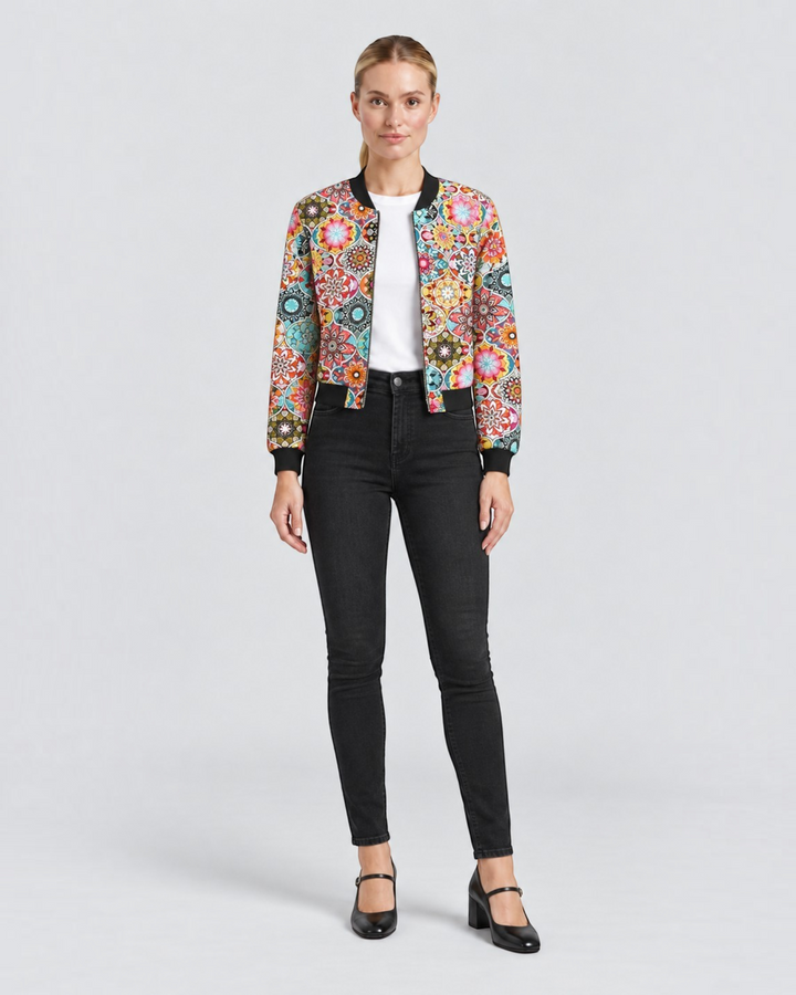 Luna Moda Sofia bomber jacket with a vibrant multi-colored botanical print, black ribbed trim, and a modern fit.