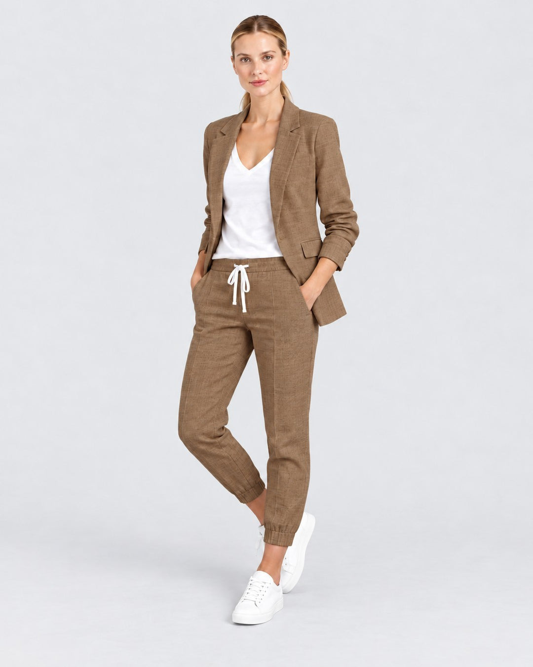 Luna Moda brown lightweight blazer and jogger pant set worn by a woman with a white t-shirt and sneakers
