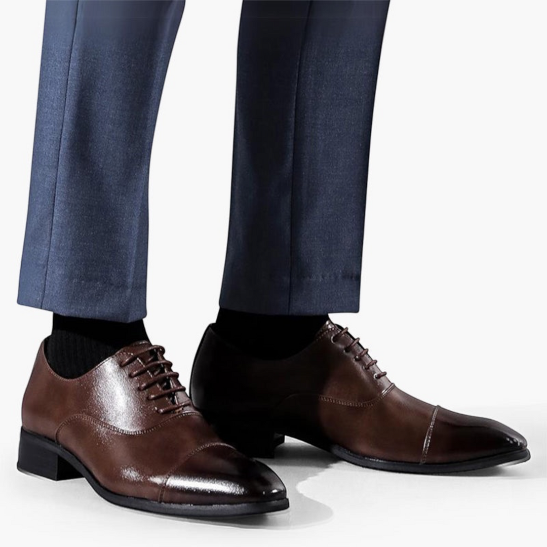 Luna Moda ETTORE brown leather oxford shoes with fine stitching and polished finish worn with blue trousers