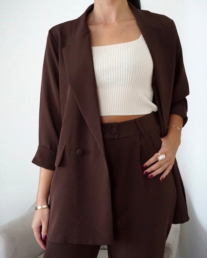 Luna Moda brown oversized blazer and fluid trousers set worn with a white ribbed crop top