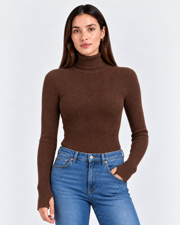 Luna Moda brown ribbed turtleneck sweater worn by a woman with blue jeans, featuring a slim fit and long sleeves.