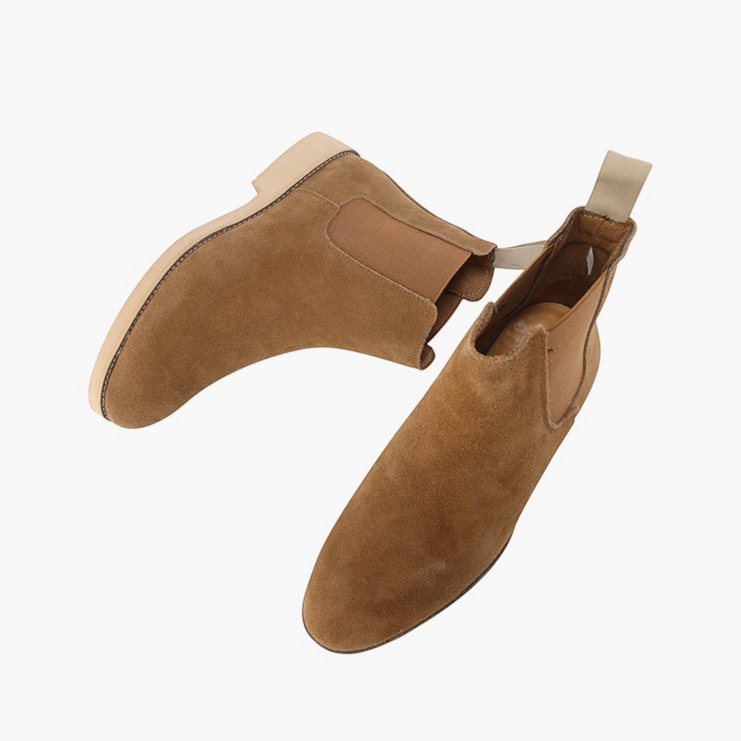 Luna Moda tan suede slip-on Chelsea boots with elastic side panels and a leather sole on a white background.