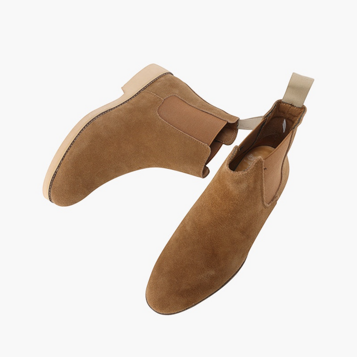 Luna Moda tan suede slip-on Chelsea boots with elastic side panels and a leather sole on a white background.