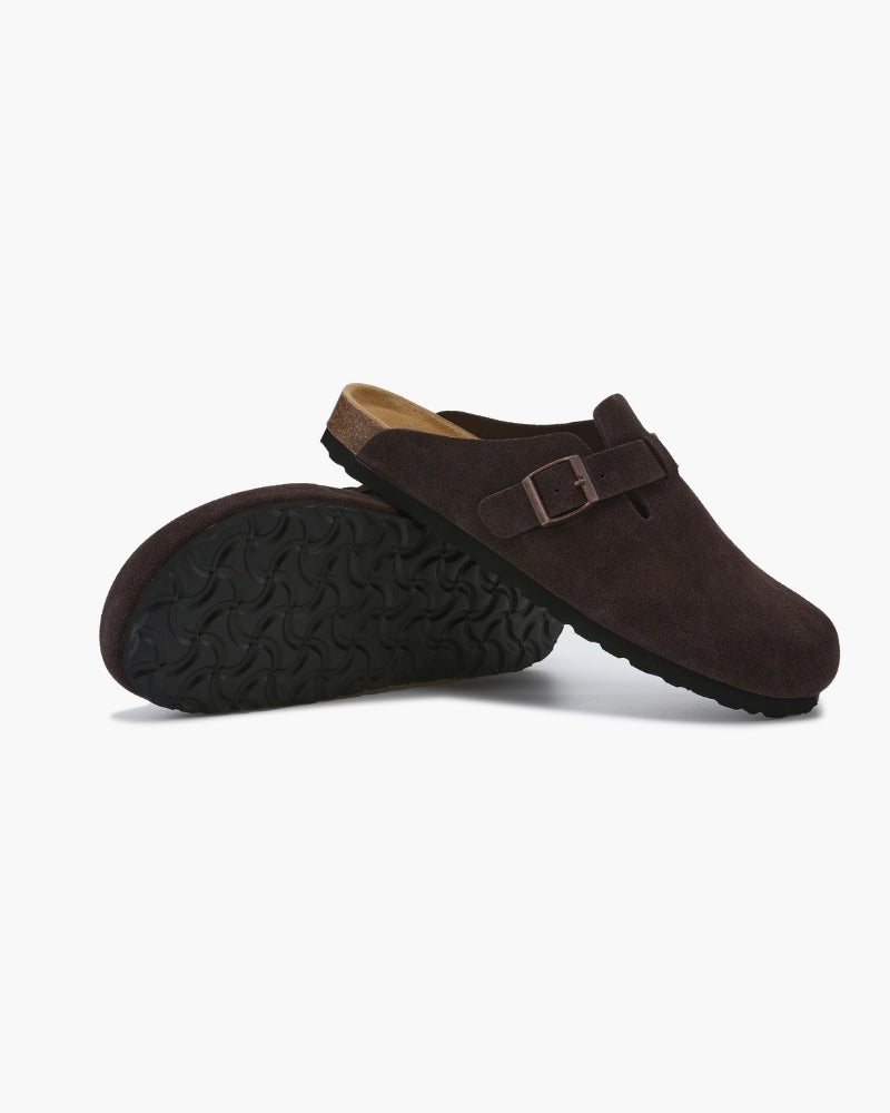 Luna Moda SEBASTIAN dark brown suede leather clogs with buckle strap and durable black rubber sole