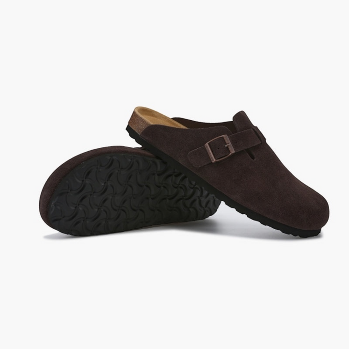 Luna Moda SEBASTIAN dark brown suede leather clogs with buckle strap and durable black rubber sole