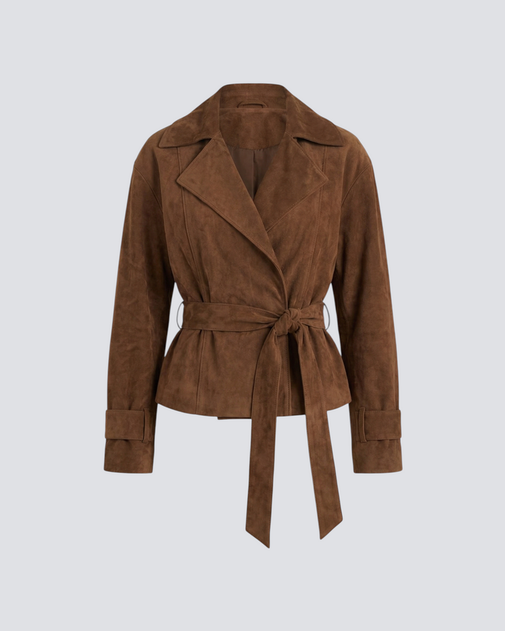 Luna Moda Lorenza brown suede wrap jacket with a tie waist belt and notched lapels in a soft, structured fabric.