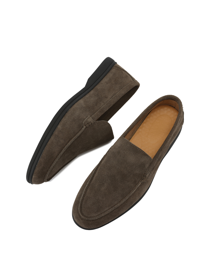 Luna Moda premium brown suede loafers featuring a minimalist slip-on design and a contrasting black rubber sole.