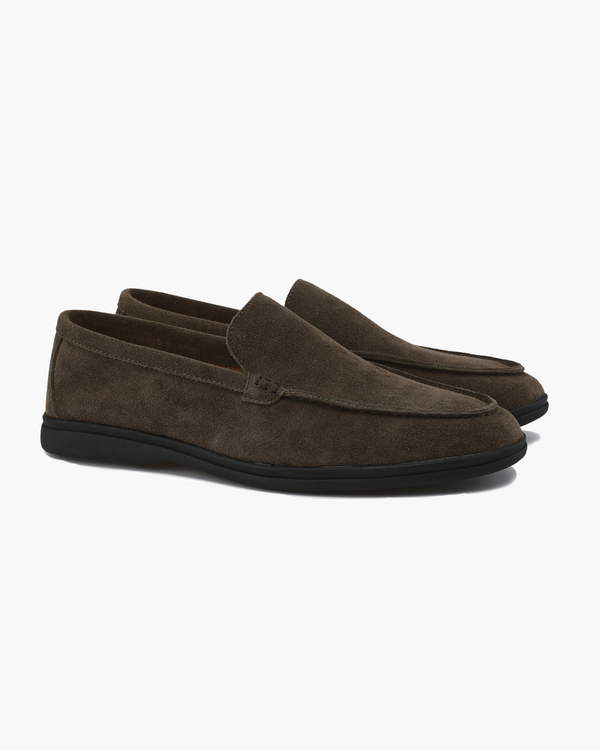 Luna Moda premium dark brown suede loafers with a minimalist slip-on design and a contrasting black flexible sole.