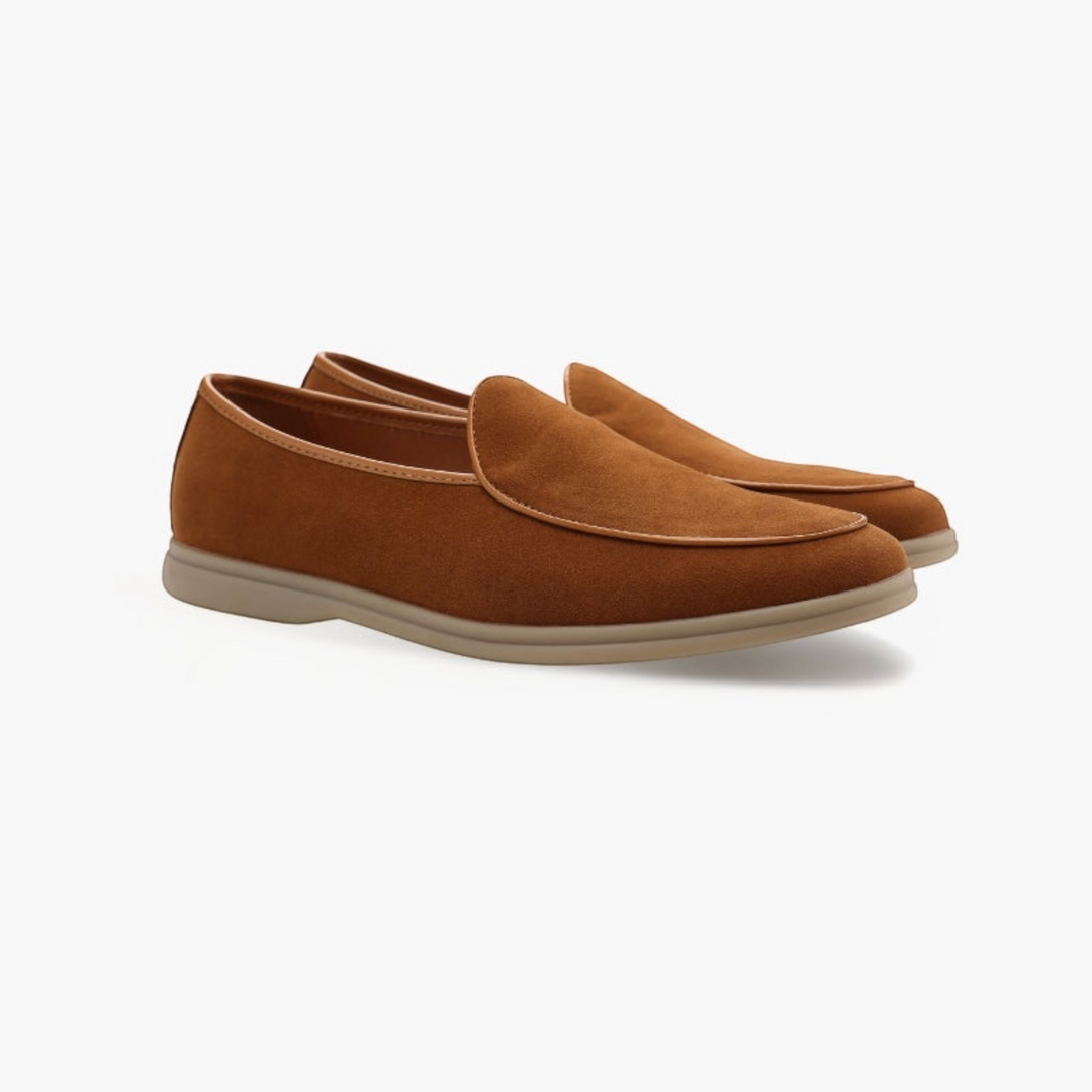 Luna Moda JOEL brown suede loafers with a tapered toe and hand-stitched details on a light sole