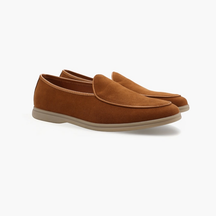 Luna Moda JOEL brown suede loafers with a tapered toe and hand-stitched details on a light sole