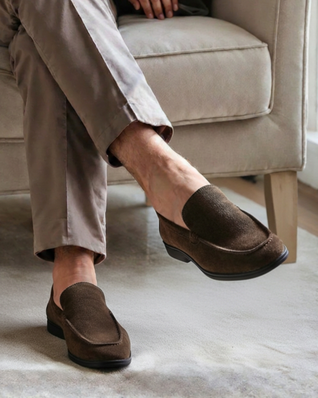 Luna Moda premium brown suede slip-on loafers with a contrasting black sole worn with beige trousers