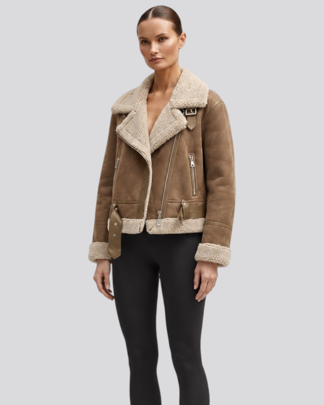 Luna Moda brown suede pilot jacket with ultra-soft shearling lining worn by a model with black leggings