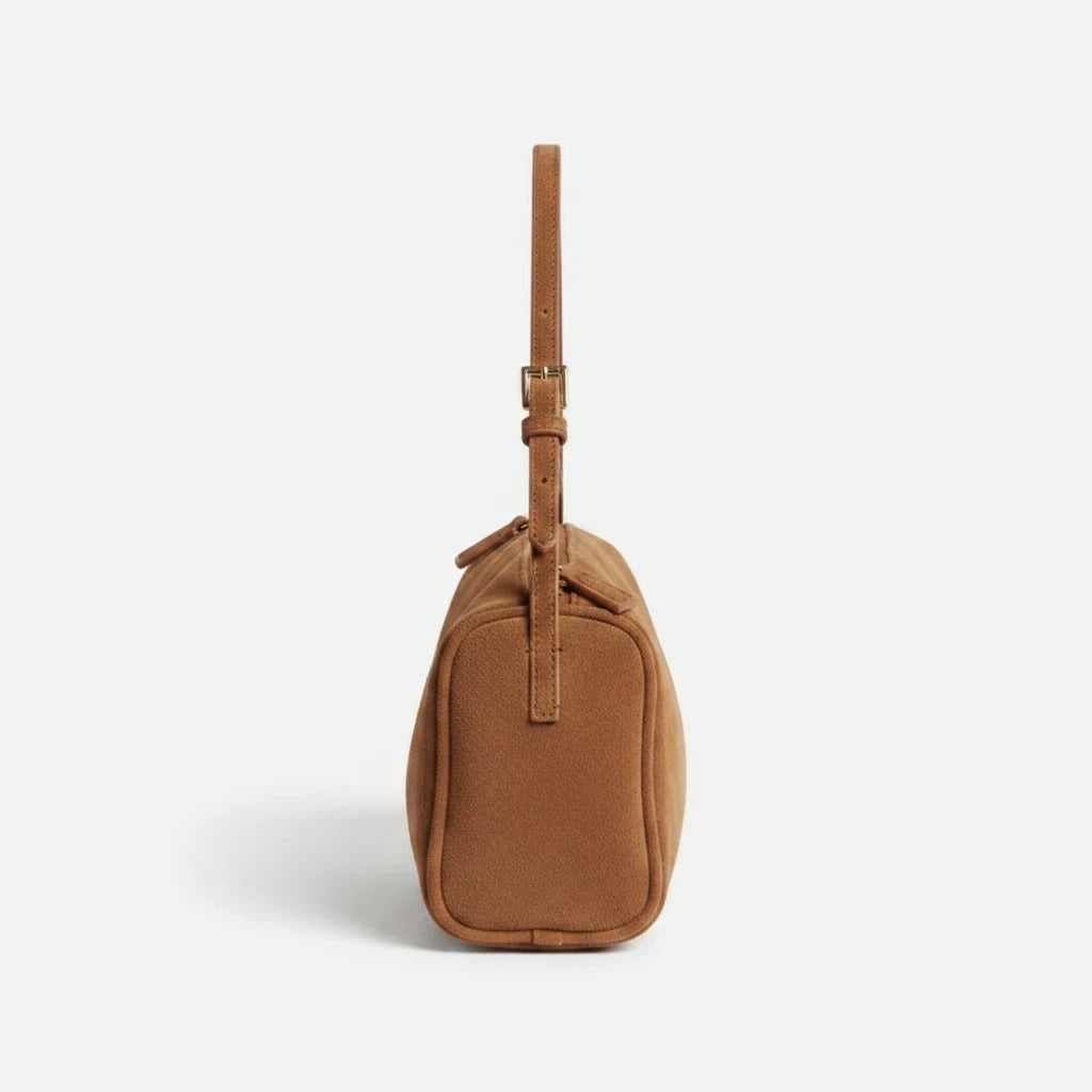 Luna Moda Marisa brown suede shoulder bag with adjustable strap, side view showing minimalist design