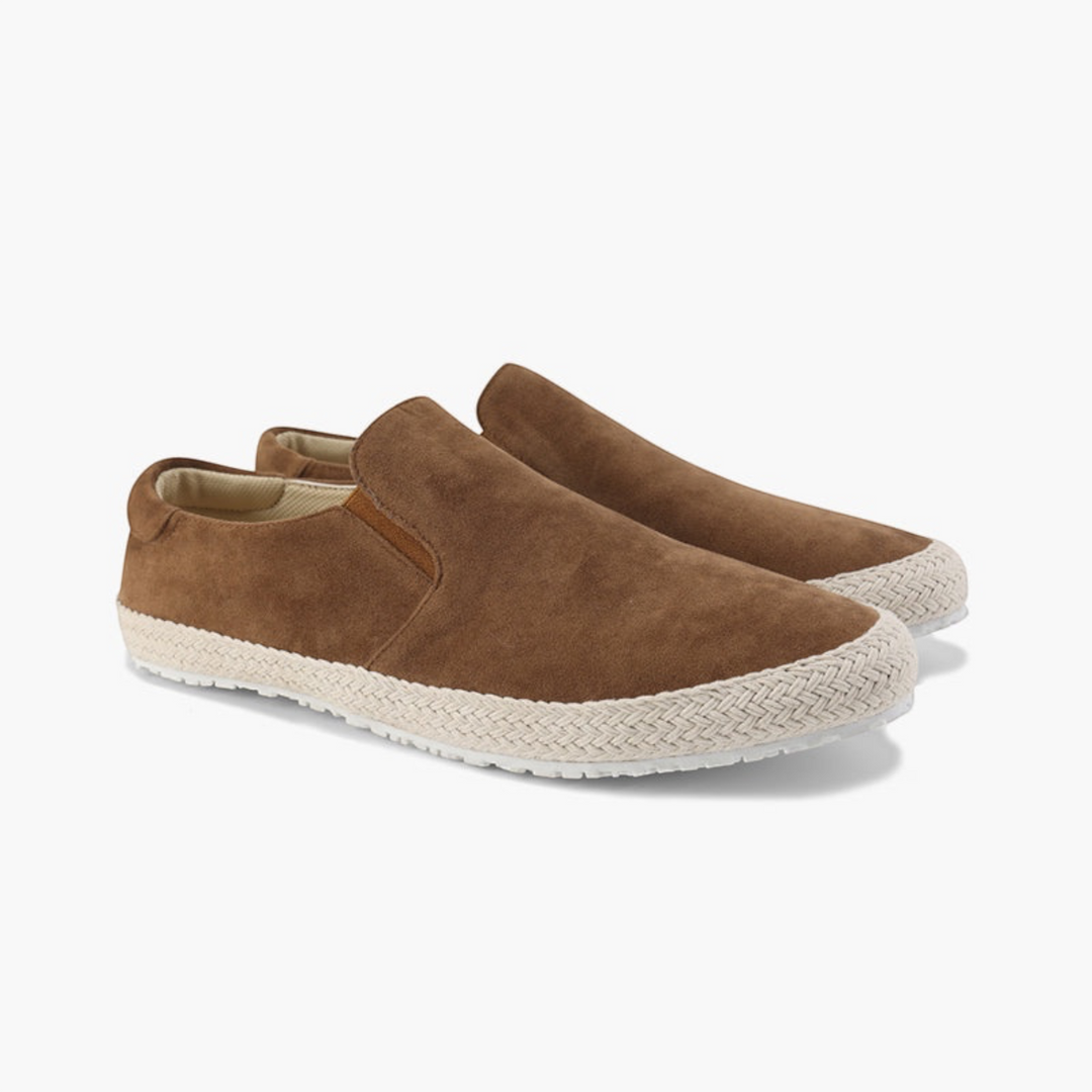 Luna Moda brown suede slip-on loafers with a braided jute-style rubber sole and delicate stitching.