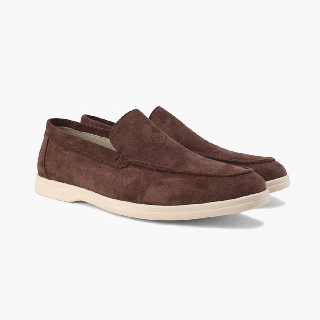Luna Moda brown suede loafers featuring detailed stitching and a supportive white cushioned sole for comfort