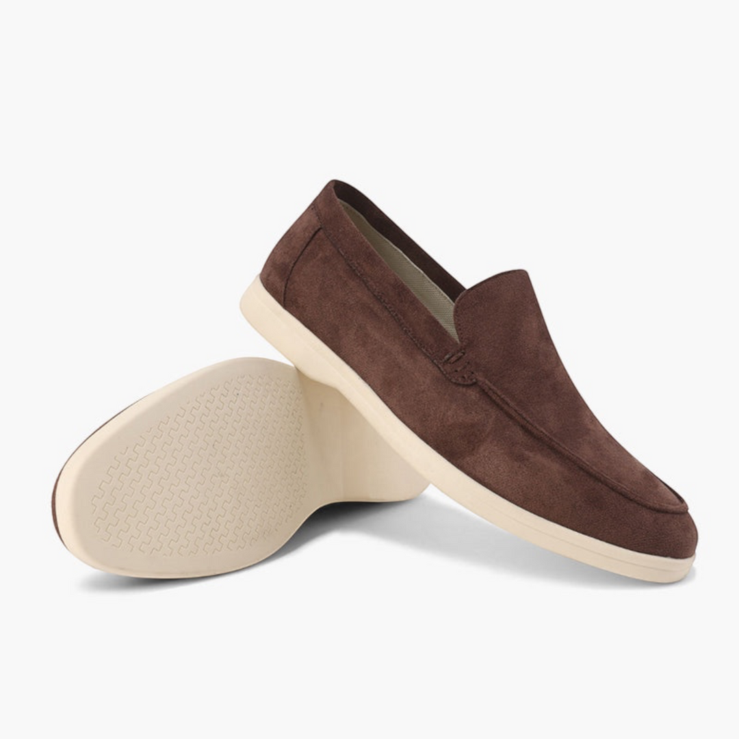 Luna Moda brown suede loafers with supportive white rubber soles and detailed stitching for comfortable daily wear