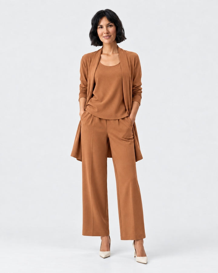 Luna Moda three-piece set in warm brown featuring a sleeveless top, open cardigan, and wide-leg trousers on a model.