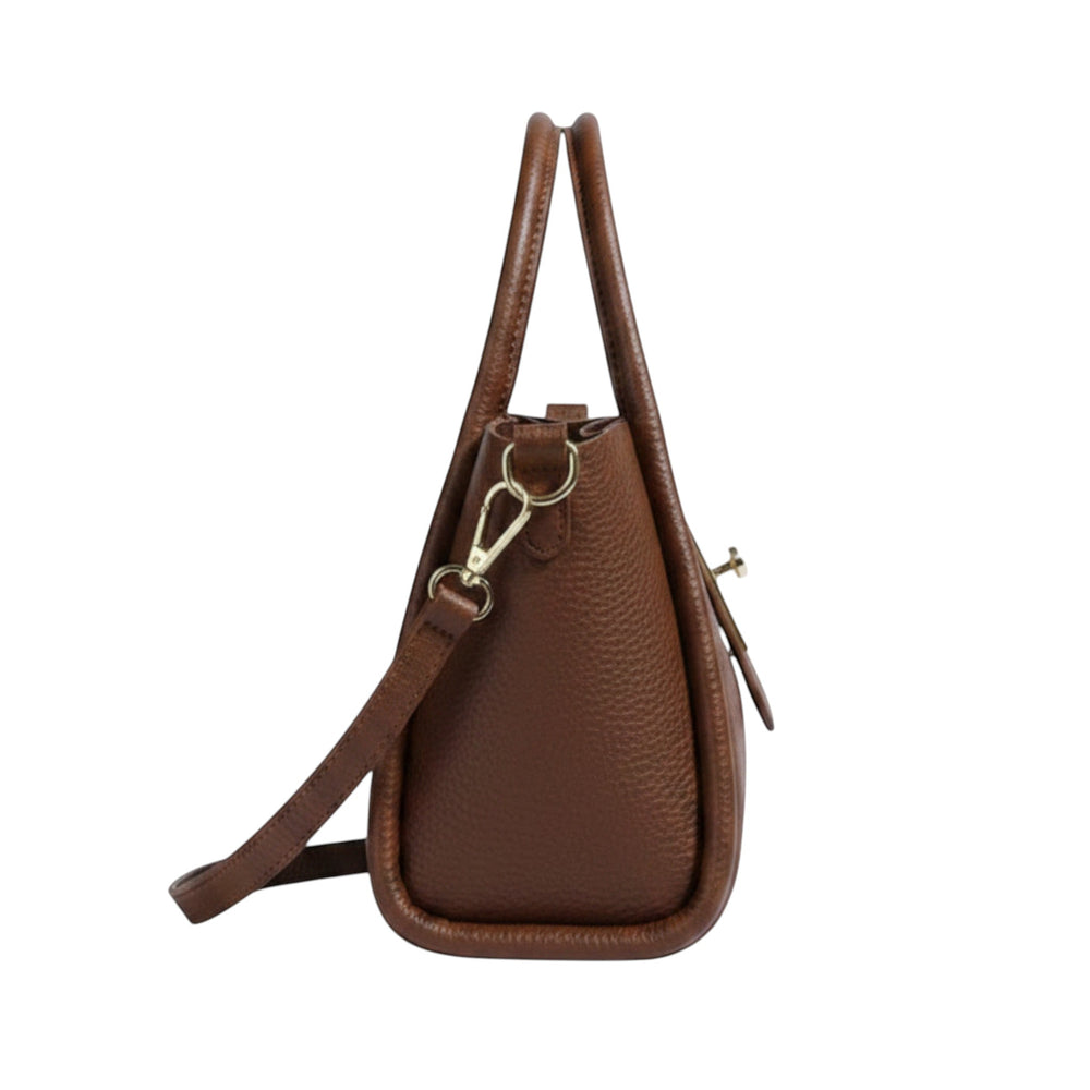 Luna Moda Alicia brown vegan leather handbag with gold metal hardware and a detachable shoulder strap, side view